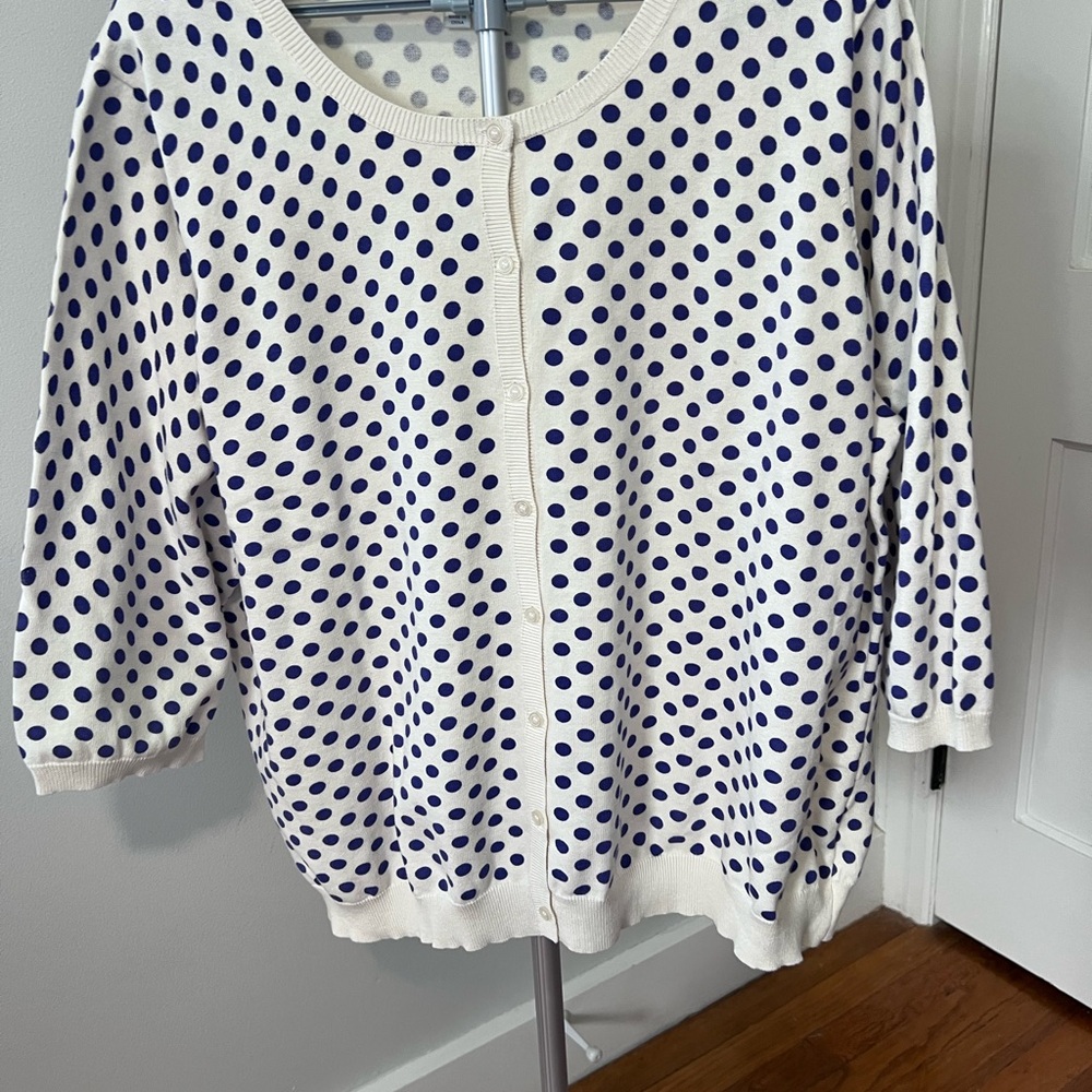 Liz Claiborne White and purple Polka Dot cardigan, 3/4 sleeve
